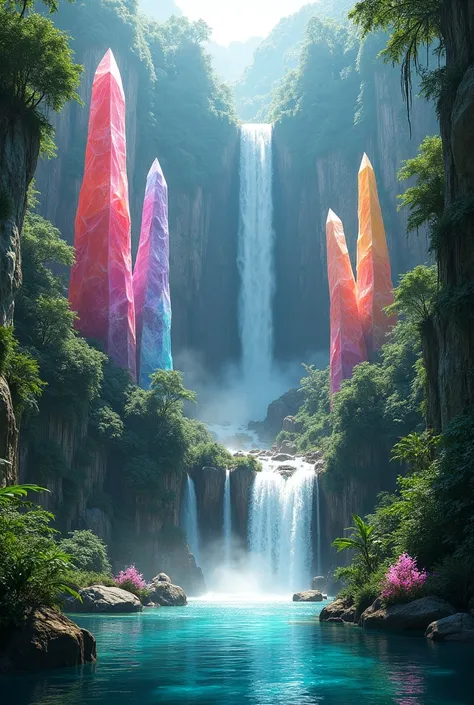 a cliff made of gigantic multicolored quartz crystal pillars in a tropical rainforest, with an incredible gushing cascading waterfall pouring into a beautiful lagoon lined with smaller quartz crystals, breathtakingly beautiful, stunning, awe-inspiring, (be...