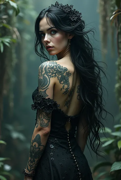 Superrealisticart , Like a dream, mystery,  exotic, Symbolic, complicated, detailed, (Gothic，very beautiful:1.4), (masterpiece, best quality:1.4) , Nicolas Samori style, Mermaid goddess-like beautiful black lace costume, tattoos on shoulders arms neck, ver...