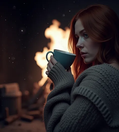 closeup, portrait, LeannaDecker, ((wearing sweater)), inside, portrait, kitchen, holding coffee mug, winter fire, eyes open, best quality, upper body, by lee jeffries nikon d850 film stock photograph 4 kodak 400 camera f1.6 lens rich colors hyper realistic...