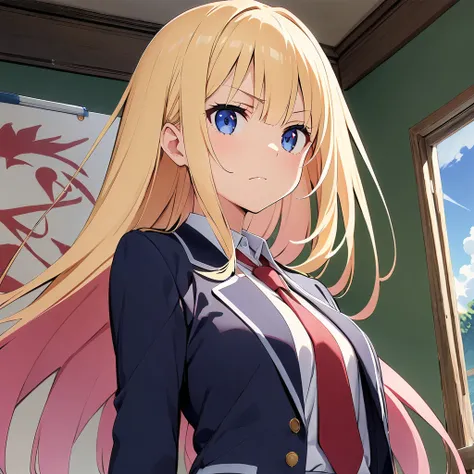 Sakurasou no Pet na Kanojo (Shiina Mashiro), white-blonde hair, waist-length hair, ruby ​​eyes, clear eyes, alone, serious expression, ((detailed face)), ((perfect face)) navy blue blazer uniform, red tie, pink skirt, 150mm tall, petite, art room, drawing ...