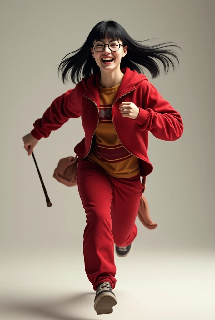 An adult running with her entire body showing, straight black hair, white skin, wearing Harry Potter clothes running , wearing glasses without being Japanese laughing , with red Harry Potter clothes with pants and wand in hand 
