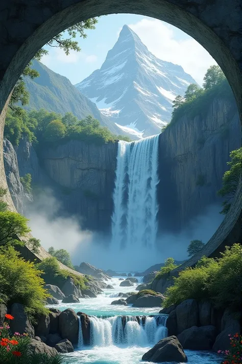 Draw a mountain waterfall in a round frame 