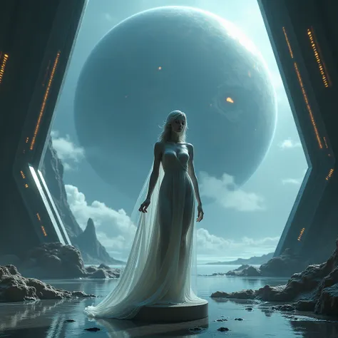 female statue in semi-transparent clothing in futuristic room with giant planet about to explode xenomorph style