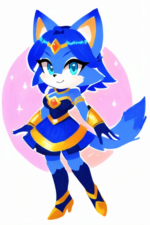 there is a drawing of a cat with a blue and yellow costume, fox from league of legends chibi, krystal from star fox, full color drawing, colored drawing, coloured in blueberra and orange, colored lineart, high quality colored sketch, elf with blue skin, tr...