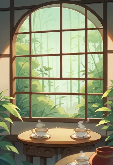 Chinese Zen Room，The teacup on the table is steaming，The quaint lights are on，The bamboo forest outside the window sways in the wind，It&#39;s drizzling