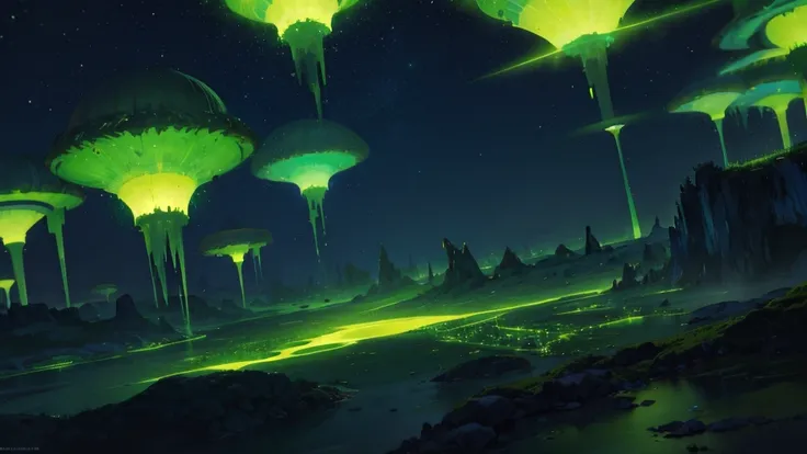 death dimension landscapes, dark floating islands, green light, night