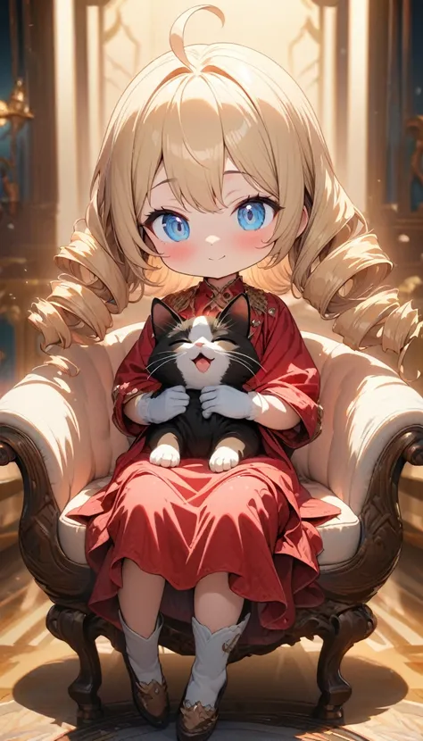 female child, proud, grinning, looking at viewer, long hair, ahoge, blonde, drill hair, blue eyes, slant eyes, eyes half-closed, (pet my cat), a kitten is sleeping on lap, a luxurious red dress, Evening Gloves, long eyes, sitting on luxurious chair, luxuri...