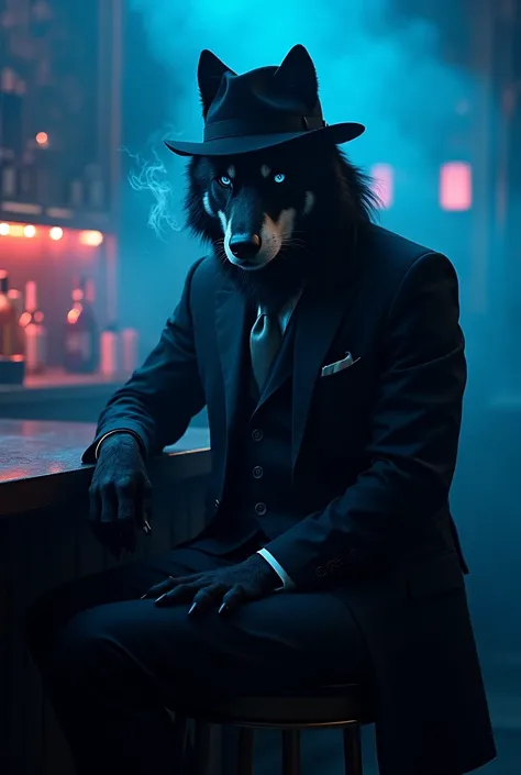 Black wolf wearing formal clothes and mafia style hat sitting on a barchair smoking with aesthetic neon blue black blue eyes side