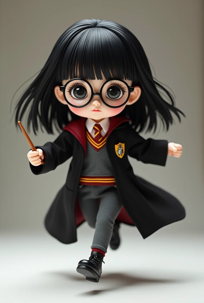 An adult doll running with its entire body showing, straight black hair, white skin, wearing Harry Potter clothes running , wearing glasses without being Japanese laughing , com o uniforme do Harry Potter  bem aparente, with pants and wand in hand 
