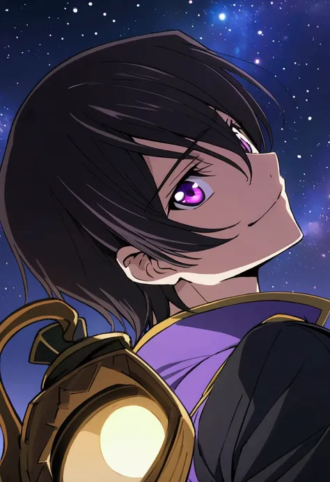 Anime man code geass lelouch lamp clock. ,short black hair,unique violet eyes, I smile, Simple background, Great job, precise, Anatomy is correct, Best quality,   Side view looking at starry night sky 