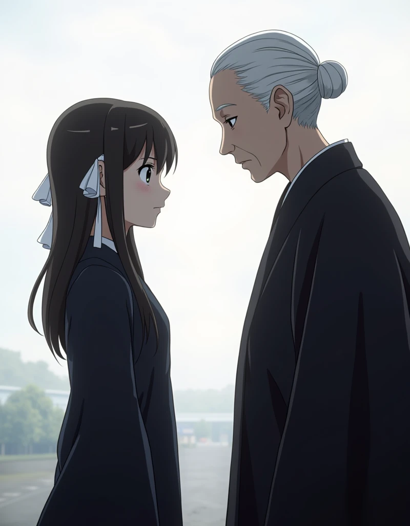 masterpiece anime, Black Robe and black dress khaki long low twintails with white ribbons A girl, Gray Hair black robe One old women, Two people facing each other, frorm side, upperbody.