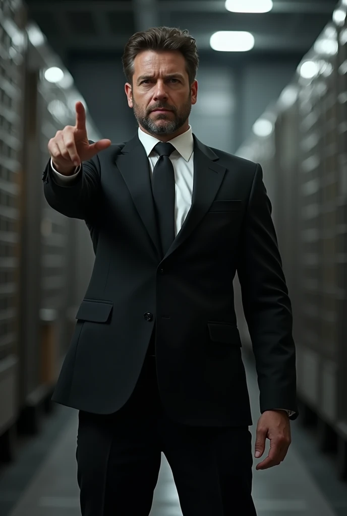 Man in black suit standing steel facing forword, one hand is in normal position and on hand is on left side strate like T shape 
