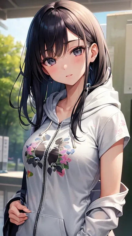 beautiful face, best quality, ultra high resnatural light, shiny skin, detailed skin, detailed face, detailed eyes, beautiful japanese girl, ((Wearing a printed T-shirt and a gray zip-up hoodie over it)), Bluetooth earphones, (holding a smartphone in her r...