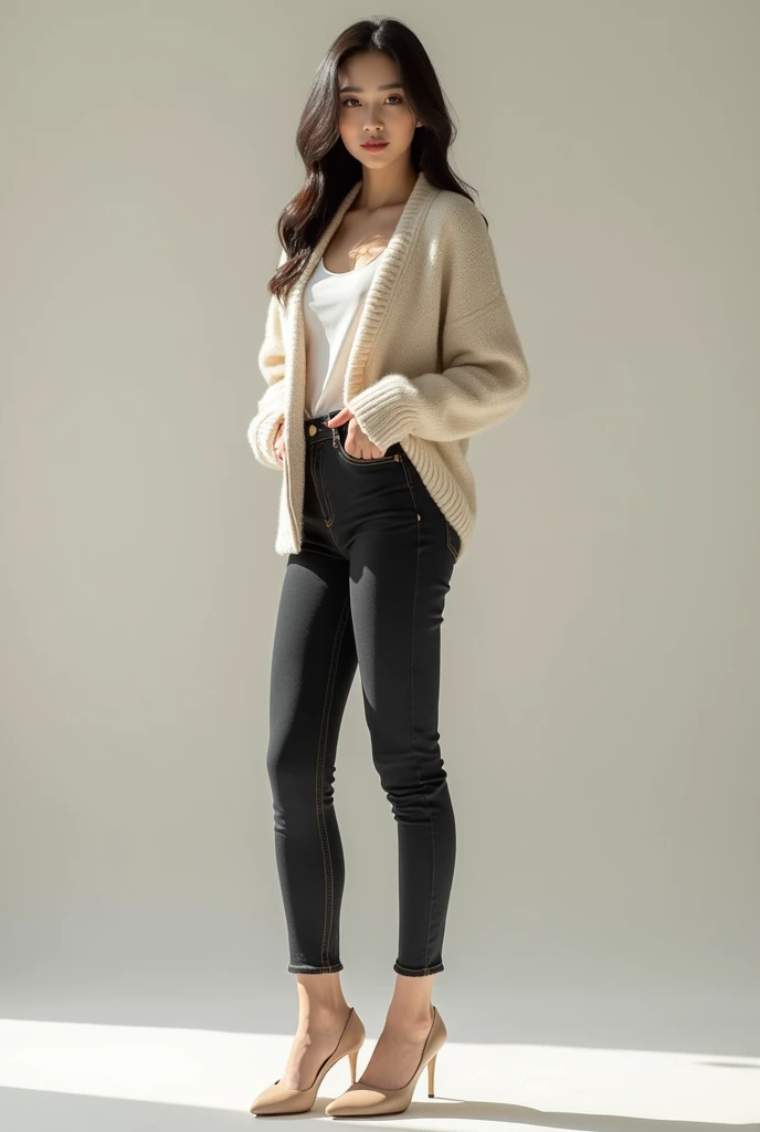 Beautiful Korean woman is standing wearing a cardigan, long levis pants, and wear high heels