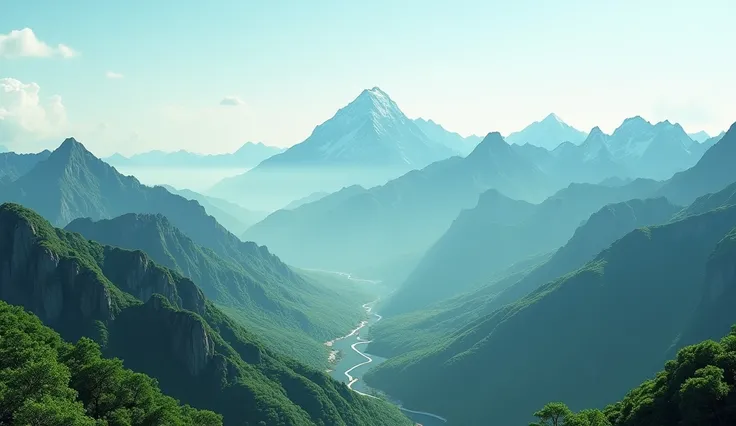 Front camera perspective full view，From left to right in the picture is a long mountain range consisting of ten green mountains.，The leftmost peak is the highest.(Best quality，4K，8k，High level，masterpiece：1.2），Ultra Detailed，（lifelike，Photo real，Photo real...