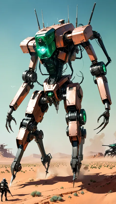 in style of Ashley Wood, Industrial Cyberpunk Mech style, cyborg girl riding on a gleaming giant automaton in desert, its copper-plated body glistening in the day light, Character Design and Doomsday, extends four articulated limbs like a mechanical spider...