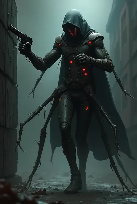 Zero sneaks up on you, preparing their weapons and cybernetic prosthetics. Its praying mantis-like blades extend from its forearms., and he holds a silenced pistol in his other hand.

text (narrative): "They have no idea who is in the shadows."