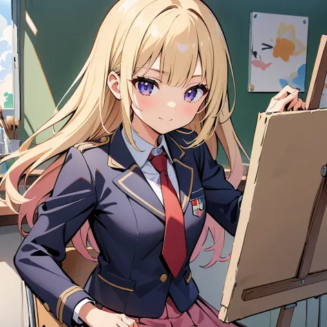 Anime style, white blonde hair, waist-length hair, ruby ​​eyes, clear eyes, single girl, ((cute expression), ((painting on canvas: 1.4)), ((detailed face)), ((perfect face)), navy blue blazer uniform, red tie, pink skirt, 150mm tall, petite, art room,, sit...