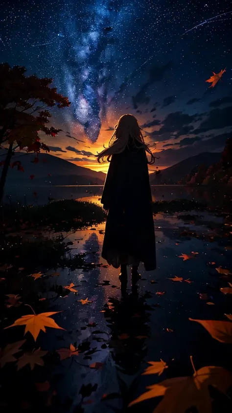 １people々々々々々々,Blonde long hair，Long coat，silhouette， Rear View，Space Sky, milky way, Anime Style, autumn leaves，autumnのautumn leaves，autumn，Rainy night view from the mountainside，