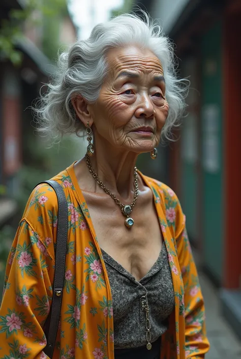 Japan 120 years old old woman aging elder elderly person old face off shoulder from gal in her 20s、Micro Mini Skirt、Thigh-high boots、Cute branded bags、Cute Necklace、Cute earrings、watch、Cute Nails、Grandma who stole an engagement ring Grandma who got firm bi...