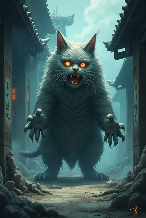 Anime Style。An old cat yokai inhabited by a vengeful spirit