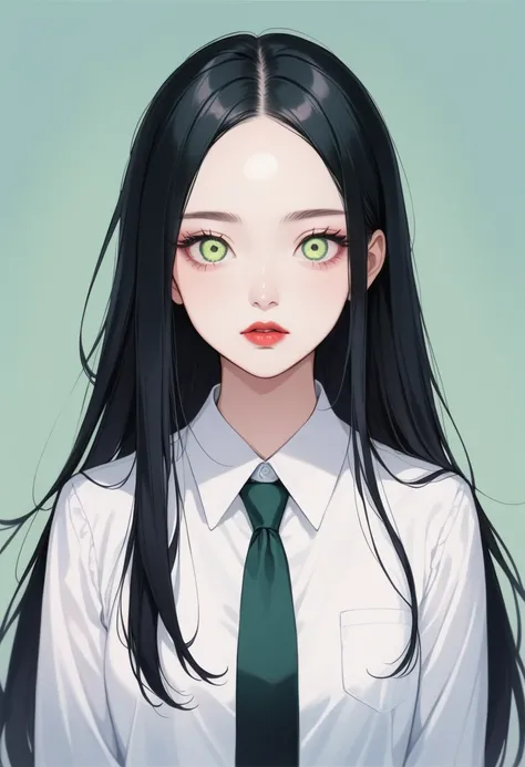 female、Cool beauty、Greenish black hair、Straight Hair、Center-parted bangs、Hanging eyes、lipstick、uniform