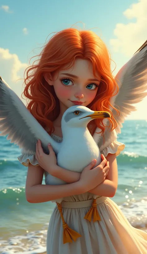 Girl with red hair hugs a seagull. There is a sea in the background. The mood is great 