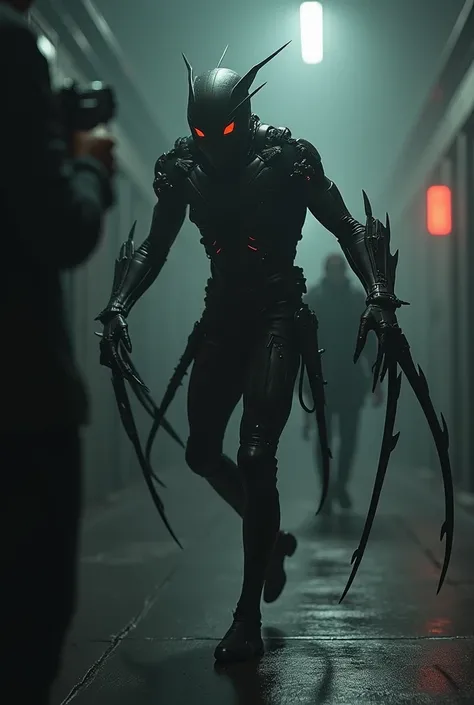 Zero sneaks up on you, preparing their weapons and cybernetic prosthetics. Its praying mantis-like blades extend from its forearms., and he holds a silenced pistol in his other hand.

text (narrative): "They have no idea who is in the shadows."