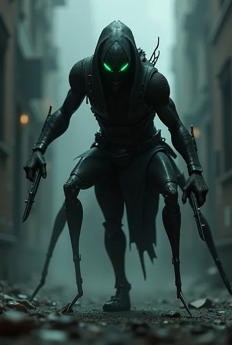 Zero sneaks up on you, preparing their weapons and cybernetic prosthetics. Its praying mantis-like blades extend from its forearms., and he holds a silenced pistol in his other hand.

text (narrative): "They have no idea who is in the shadows."