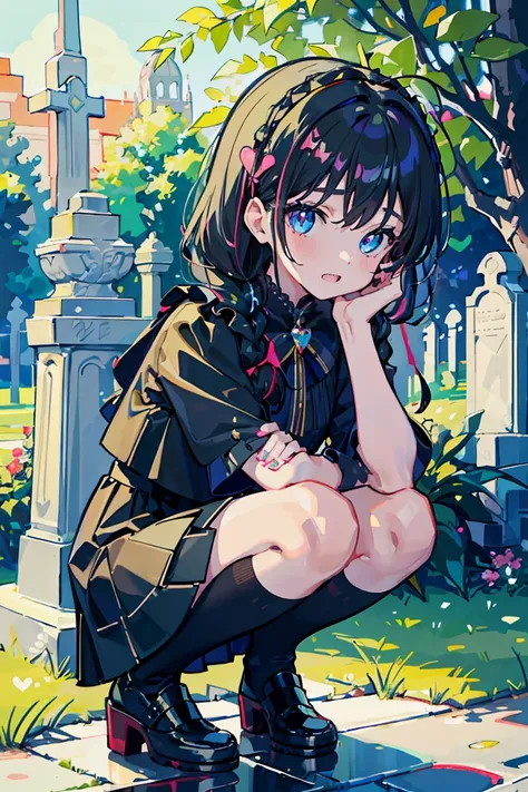 1 girl, Sister, Sisterの帽子, Black shiny hair, (Hair accessories),(Showing teeth),E Cup,Squat, Colorful clothes, Braiding, Gentle expression, Beautiful expression, Sparkling blue eyes, (Hearts in eyes), Churchyard, Romanticism, modern art, Impressionism, Ref...