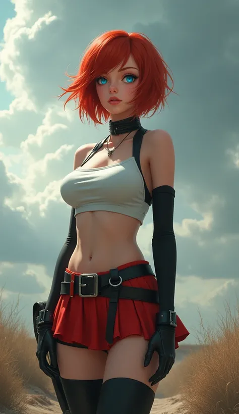 xoaeriel, redhead teenager, Blue eyes, Short hair,in a red skirt and ,white crop top,Black thigh high stockings,black elbow length gloves, big breasts, realist, hip belts in a post-apocalyptic world, looking at the cloudy sky