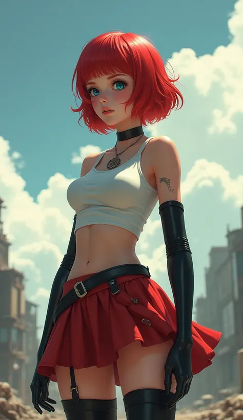 xoaeriel, redhead teenager, Blue eyes, Short hair,in a red skirt and ,white crop top,Black thigh high stockings,black elbow length gloves, big breasts, realist, hip belts in a post-apocalyptic world, looking at the cloudy sky