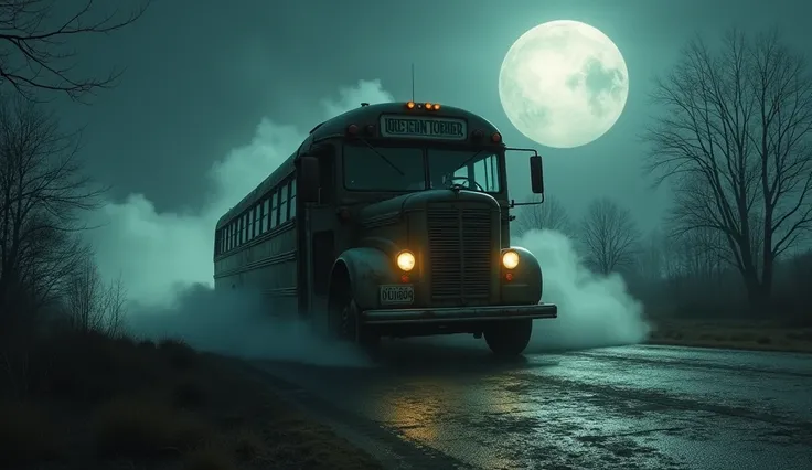 The spooky bus started moving again, picking up speed, racing down the deserted road.