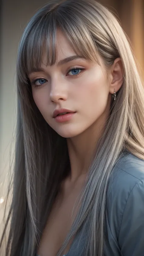 a girl, european, extremely detailed face, delicate features, half-closed eyes, blue eyes, long straight hair, bangs, messy hair, silver hair, voluptuous appearance, best quality, 4k, 8k, highres, masterpiece:1.2, ultra-detailed, realistic, photorealistic,...