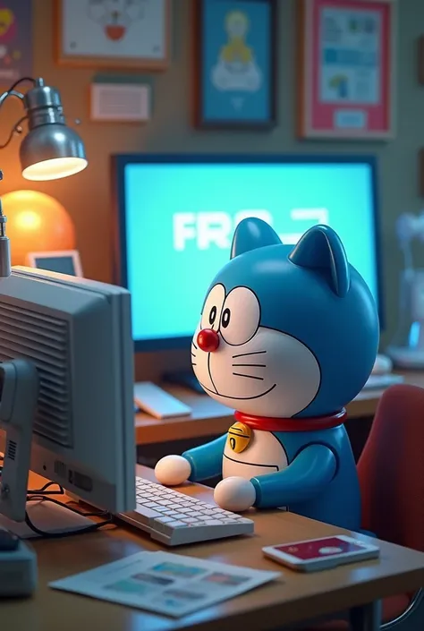 Doraemon working on a pc full 6:19 ratio pic