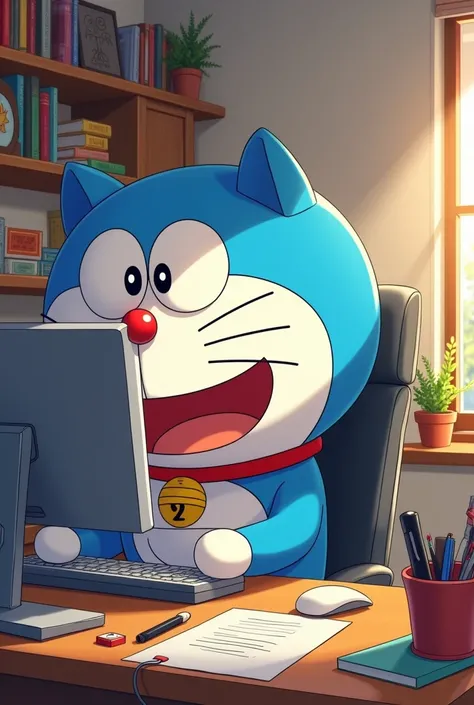  Cute Doraemon working on a pc full 6:19 ratio pic