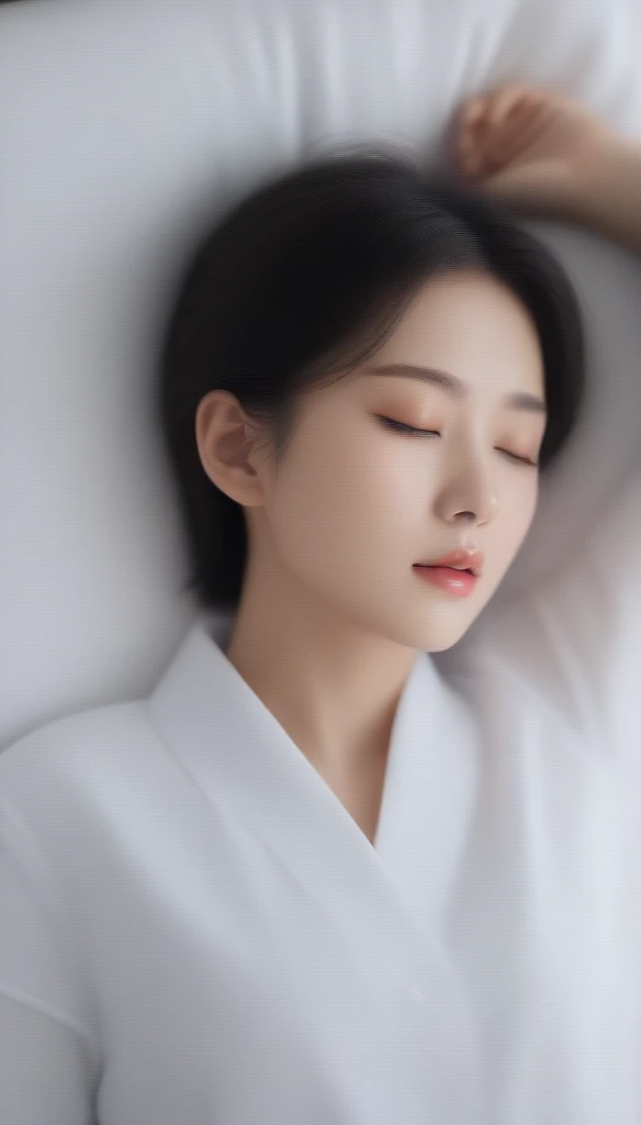 Close up of beautiful Korean woman, 34 inch chest size, Wearing pajamas, Lying in bed in a comfortable position with eyes closed,  Short hair, uhd