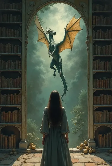 Create an illustration of a woman standing in an old, weathered library, gazing at a painting on the wall. The painting depicts a majestic ascending dragon, full of intricate details. The atmosphere in the library should be dim and dusty, with bookshelves ...