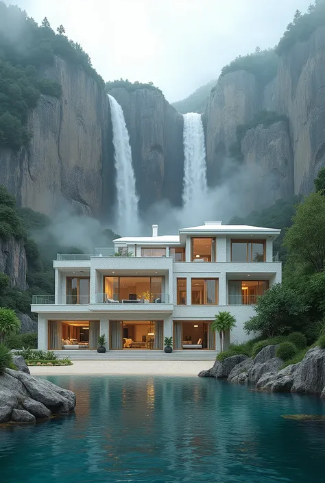 Two-storey beautiful house made of white stone on the very shore, waterfalls, epic landscapes, ultra detailed environment, beautiful design, Highly detailed features, insanely ultra realistic, insanely photo realistic, Insanely high overall quality, Insane...