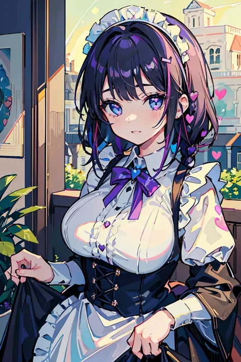 1 girl, Maid, At work, Black shiny hair,Purple inner color hair, (Hair accessories),(Showing teeth),Big Breasts, Colorful clothes, Braiding, Gentle expression, Beautiful expression, Sparkling blue eyes, (Hearts in eyes), Mansion, Romanticism, modern art, I...