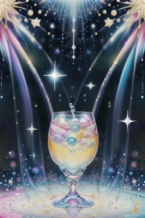 masterpiece, kawaiitech, (tall glass) of the most expensive water in the world, style-swirlmagic, kawaii, pastel color, intricate, detailed, sharp focus, surrounded by swirls of sparkling water, stardust, big bang, rainbow maelstrom, vaporwave, galaxy back...