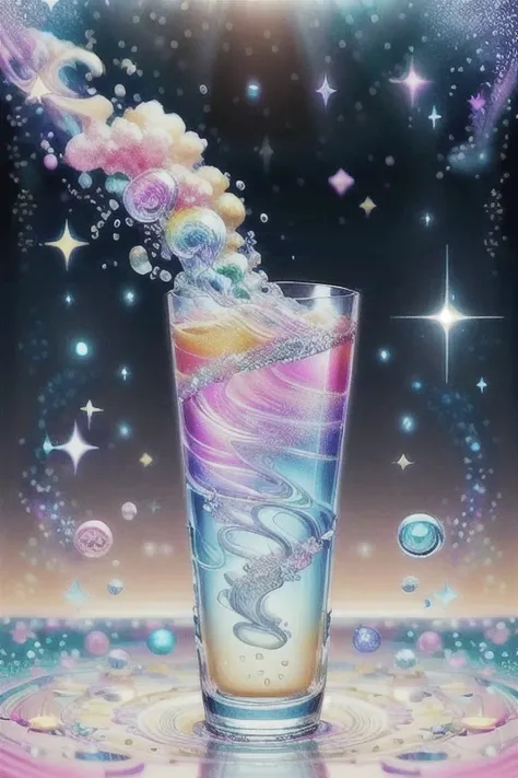 masterpiece, kawaiitech, (tall glass) of the most expensive water in the world, style-swirlmagic, kawaii, pastel color, intricate, detailed, sharp focus, surrounded by swirls of sparkling water, stardust, big bang, rainbow maelstrom, vaporwave, galaxy back...