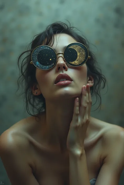 The model is wearing glass sunglasses with stars and the moon on the glass and masturbating pose