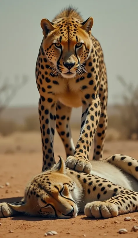 A dead cheetah is lying on the ground and an brown cheetah is standing with one foot on top of the cheetah.cheetah size bigger then red gorilla.