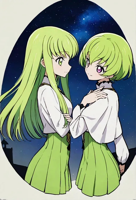 Two of her. Mirroring Clone C.C. Two of C.C. Anime girls code geass C.C. lamp clock. ,long light green hair,unique umber color eyes, I smile, Simple background, Great job, precise, Anatomy is correct, Best quality,   Side view looking at starry night sky 