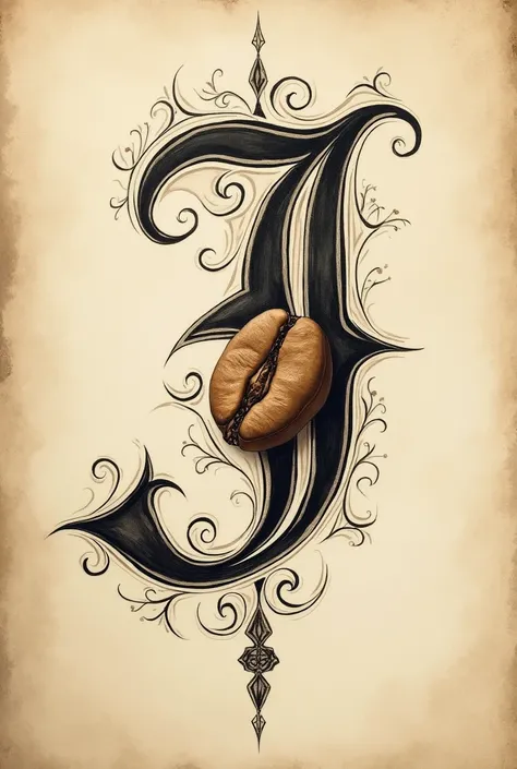 Tattoo manuscript of the letter J plus a coffee bean，Coffee beans should not be too big