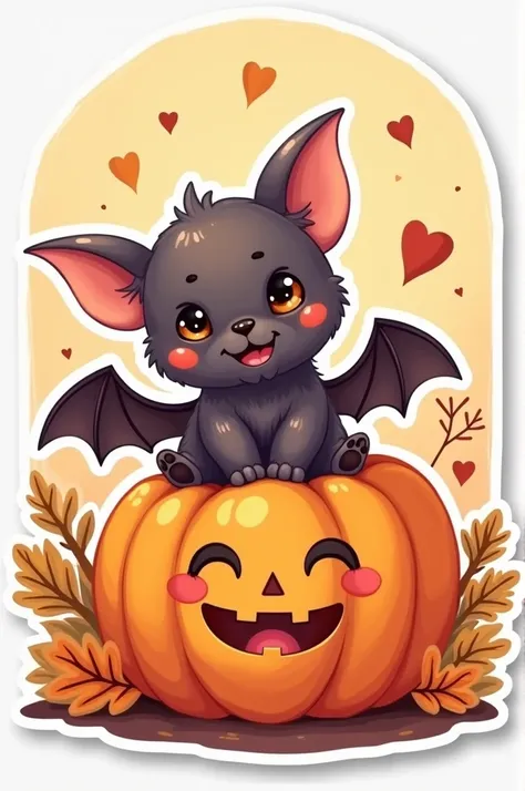 Create me a Kawaii sticker with a bat and a pumpkin