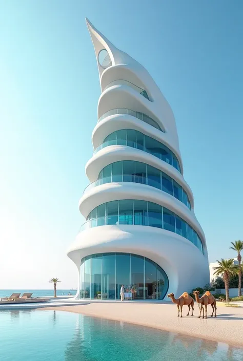 Design a architecture building based on sea snail, view angel from the front and up, the design of this building in white color and blue color, some space in front side, this is sunny day, this building near a sea, front side is making with blue glass and ...