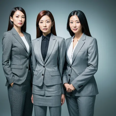 there are two women in business attire standing next to each other, ethnicity : japanese, two women, wearing a business suit, asian women, professional cooperate, marketing photo, corporate photo, professional corporate portrait, wearing business suit, wea...