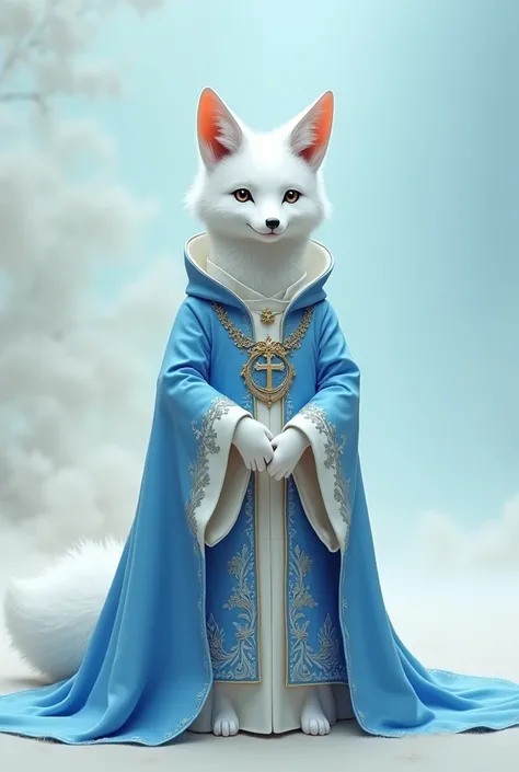 Furry A white fox with blue ears in a blue and white priest costume.